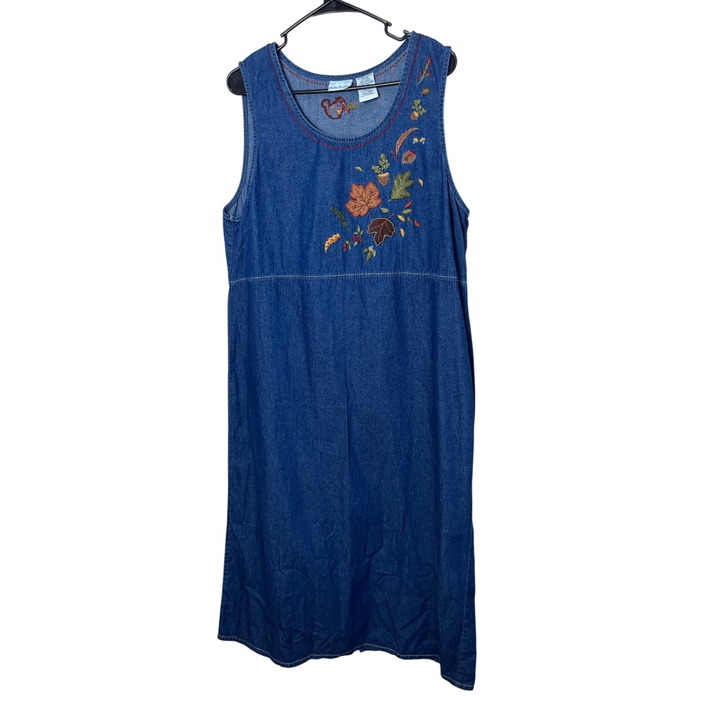 Vintage Bobbie Brooks Extra Large Denim Dress Sleeveless Embroidered Squirrel XL